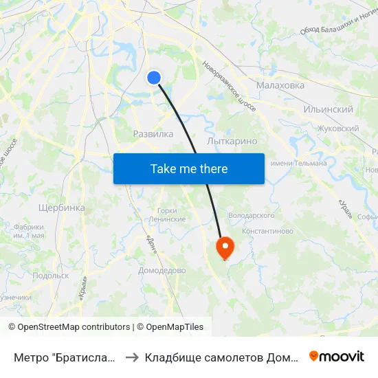 Метро "Братиславская" to Кладбище самолетов Домодедово map