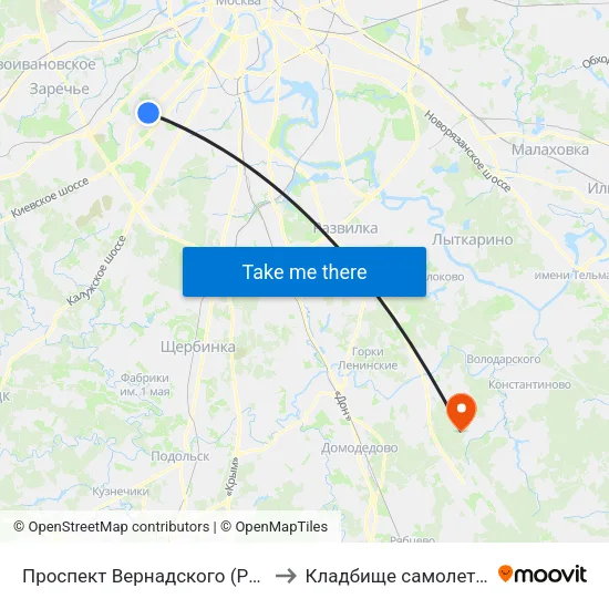 Проспект Вернадского (Prospekt Vernadskogo) to Кладбище самолетов Домодедово map