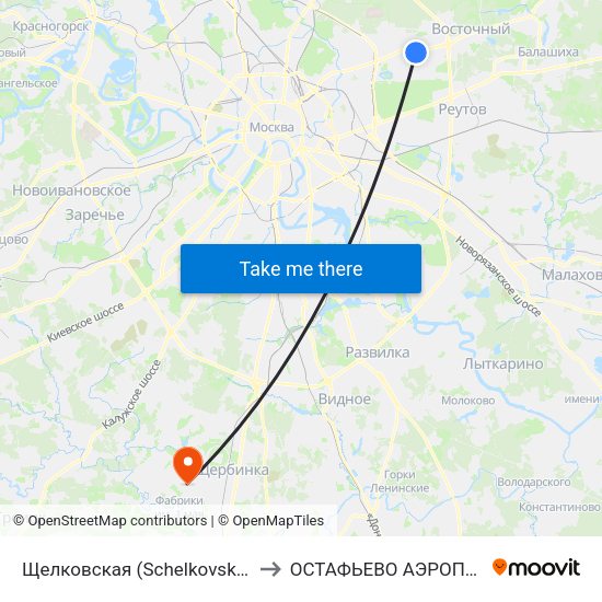 Щелковская (Schelkovskaya) to ОСТАФЬЕВО АЭРОПОРТ map
