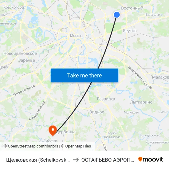 Щелковская (Schelkovskaya) to ОСТАФЬЕВО АЭРОПОРТ map
