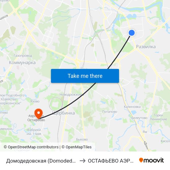 Домодедовская (Domodedovskaya) to ОСТАФЬЕВО АЭРОПОРТ map