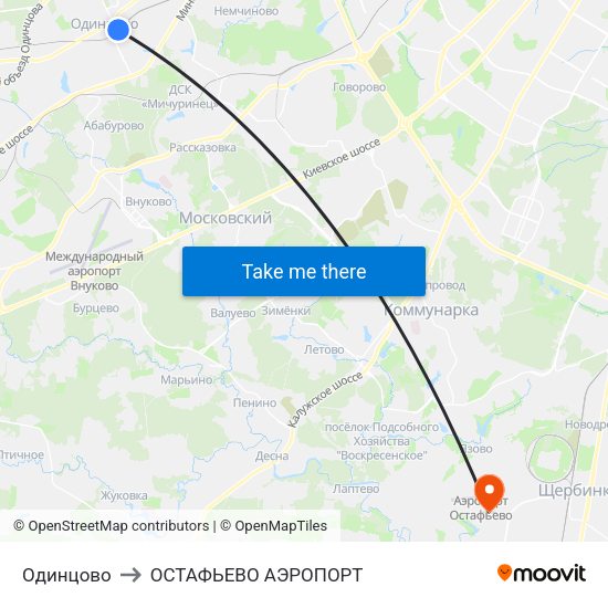 Одинцово to ОСТАФЬЕВО АЭРОПОРТ map