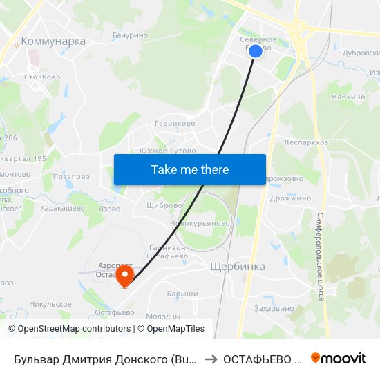 Бульвар Дмитрия Донского (Bulvar Dmitriya Donskogo) to ОСТАФЬЕВО АЭРОПОРТ map