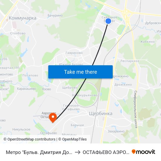 Метро "Бульв. Дмитрия Донского" to ОСТАФЬЕВО АЭРОПОРТ map