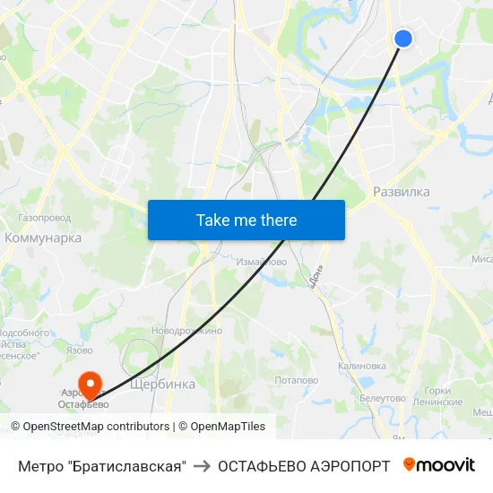 Метро "Братиславская" to ОСТАФЬЕВО АЭРОПОРТ map