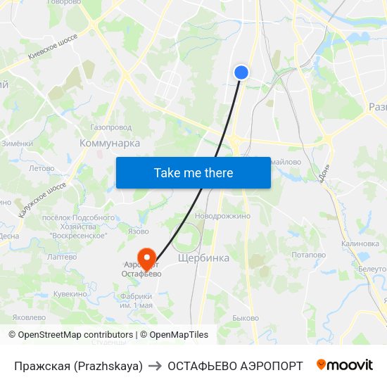 Пражская (Prazhskaya) to ОСТАФЬЕВО АЭРОПОРТ map