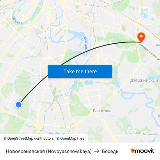 Новоясеневская (Novoyasenevskaya) to Беседы map