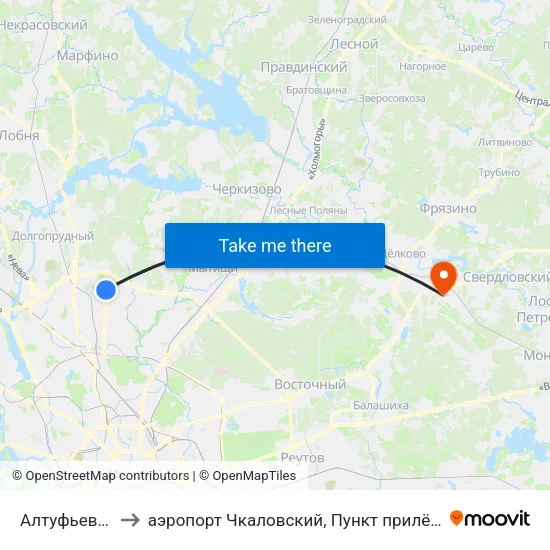 Алтуфьево (Altufyevo) to аэропорт Чкаловский, Пункт прилёта-вылета аэропорта Чкаловский map