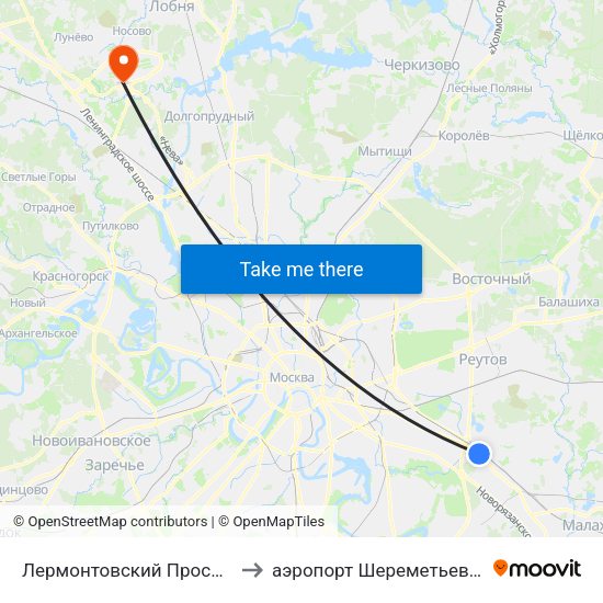 Лермонтовский Проспект (Lermontovsky Prospekt) to аэропорт Шереметьево, Шереметьево терминал D map