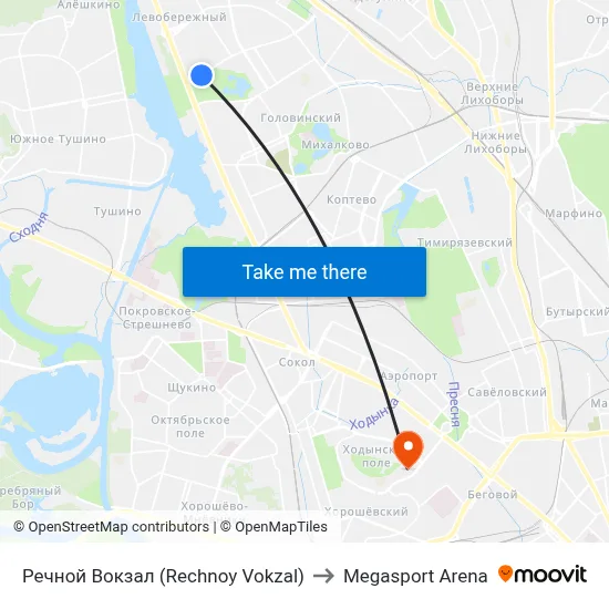 River Terminal (Rechnoy Vokzal) to Megasport Arena map