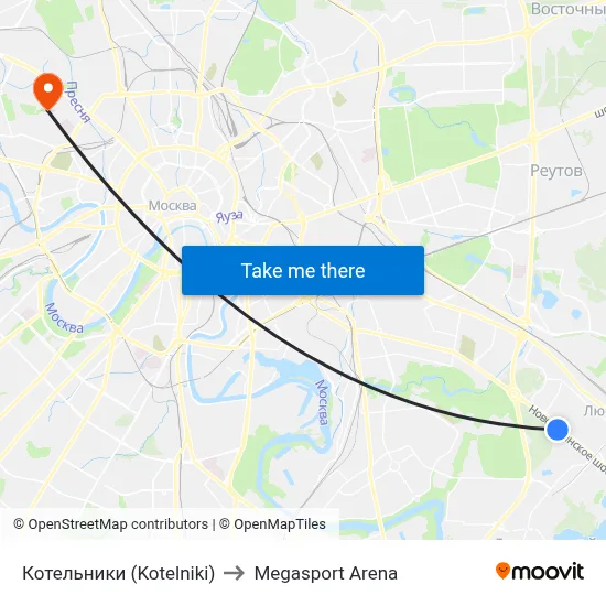 Kotelniki to Megasport Arena map