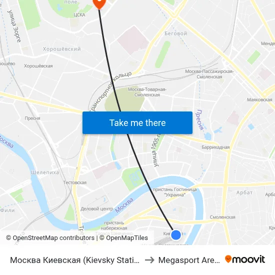 Kievsky Station to Megasport Arena map