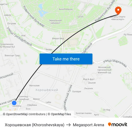 Khoroshevskaya to Megasport Arena map