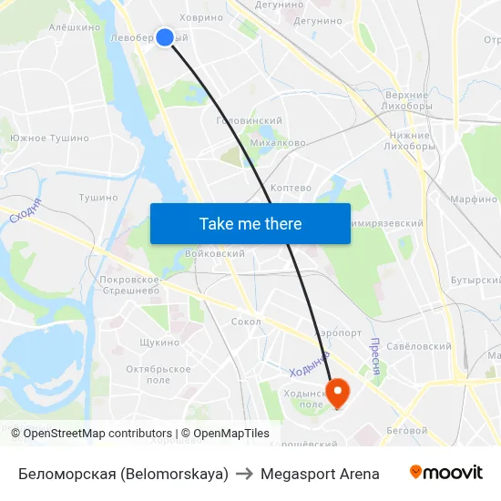 Belomorskaya to Megasport Arena map