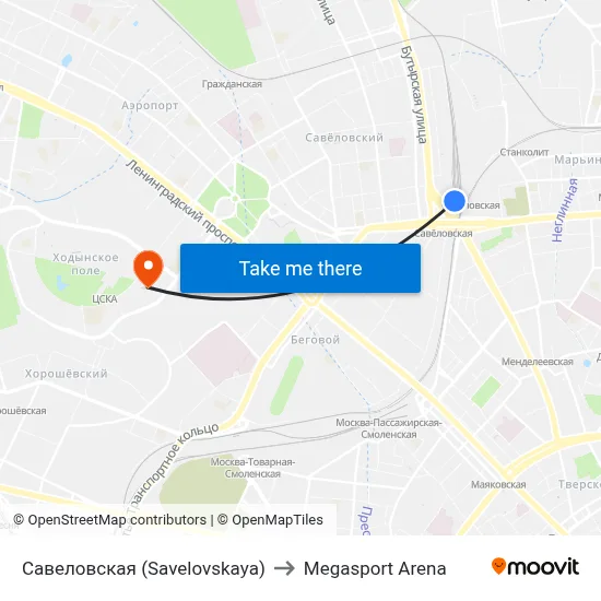 Savelovskaya to Megasport Arena map