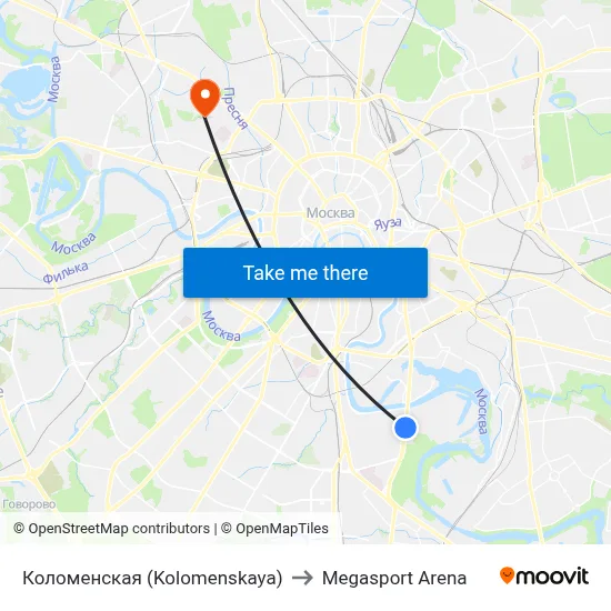 Kolomenskaya to Megasport Arena map