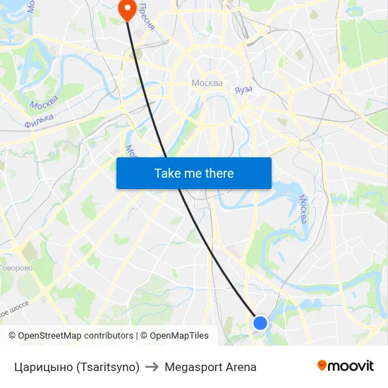 Tsaritsyno to Megasport Arena map
