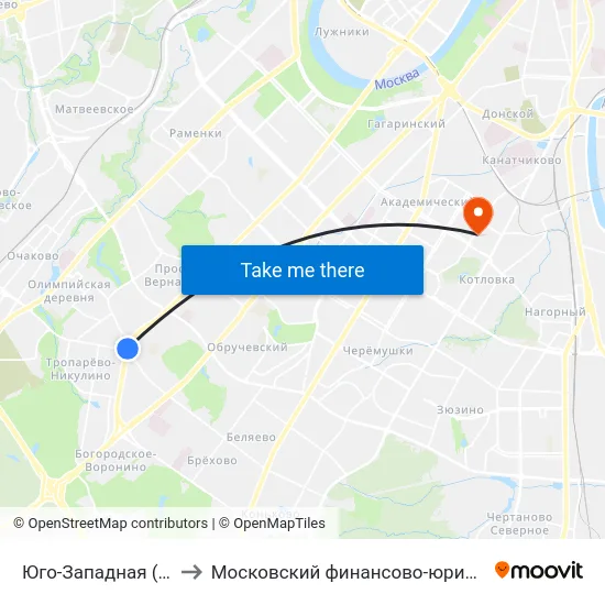 Юго-Западная (Yugo-Zapadnaya) to Московский финансово-юридический университет МФЮА map