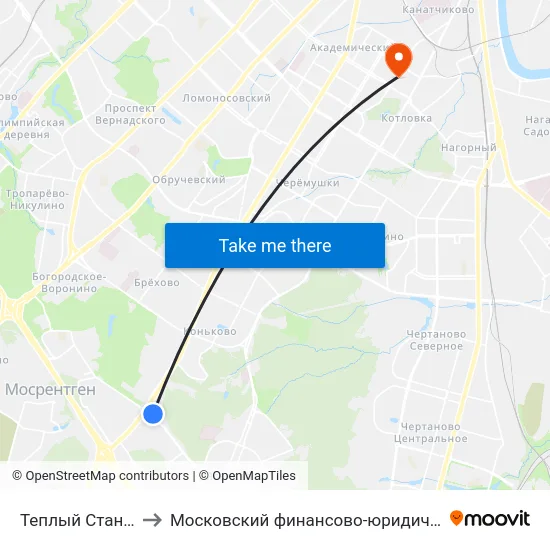 Теплый Стан (Teply Stan) to Московский финансово-юридический университет МФЮА map