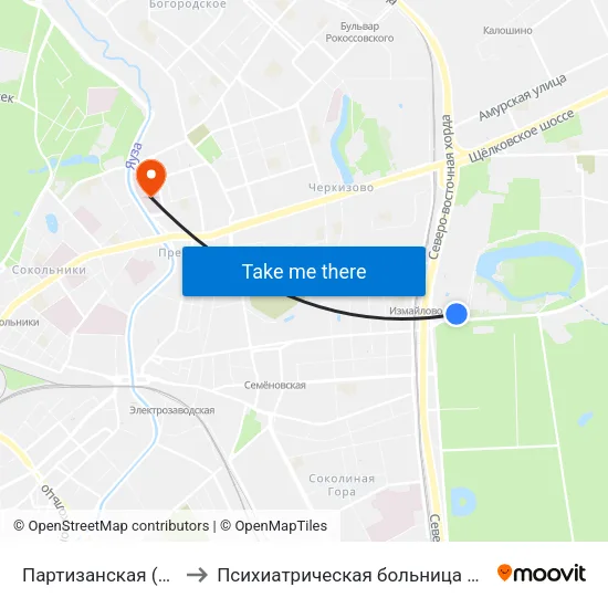 Партизанская (Partizanskaya) to Психиатрическая больница №4 имени Ганнушкина map