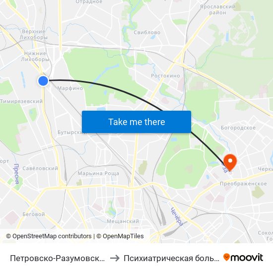 Петровско-Разумовская (Petrovsko-Razumovskaya) to Психиатрическая больница №4 имени Ганнушкина map