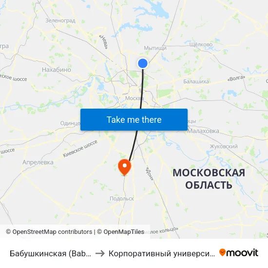 Бабушкинская (Babushkinskaya) to Корпоративный университет ОАО ""РЖД"" map