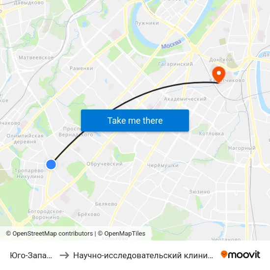 Юго-Западная (Yugo-Zapadnaya) to Научно-исследовательский клинический институт оториноларингологии имени Л.И. Свержевского map