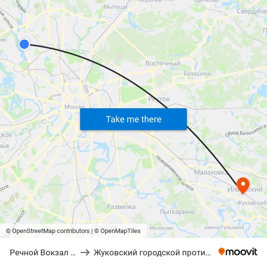 Речной Вокзал (Rechnoy Vokzal) to Жуковский городской противотуберкулезный диспансер map