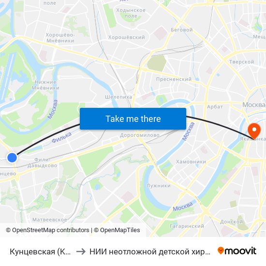 Кунцевская (Kuntsevskaya) to НИИ неотложной детской хирургии и травматологии map