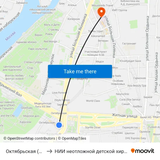 Октябрьская (Oktyabrskaya) to НИИ неотложной детской хирургии и травматологии map