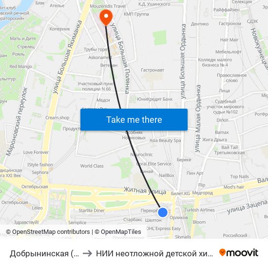 Добрынинская (Dobryninskaya) to НИИ неотложной детской хирургии и травматологии map