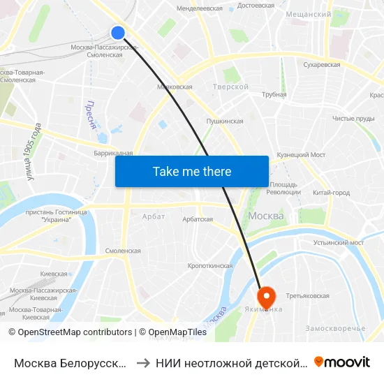 Москва Белорусская (Belorussky Station) to НИИ неотложной детской хирургии и травматологии map