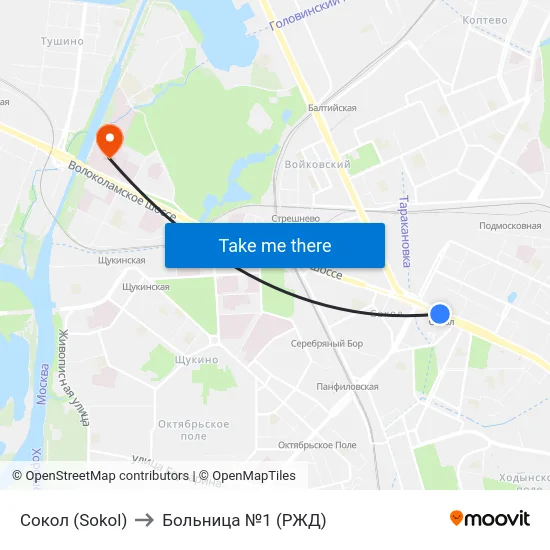 Сокол (Sokol) to Больница №1 (РЖД) map