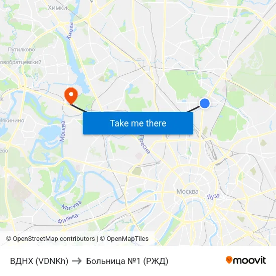 ВДНХ (VDNKh) to Больница №1 (РЖД) map