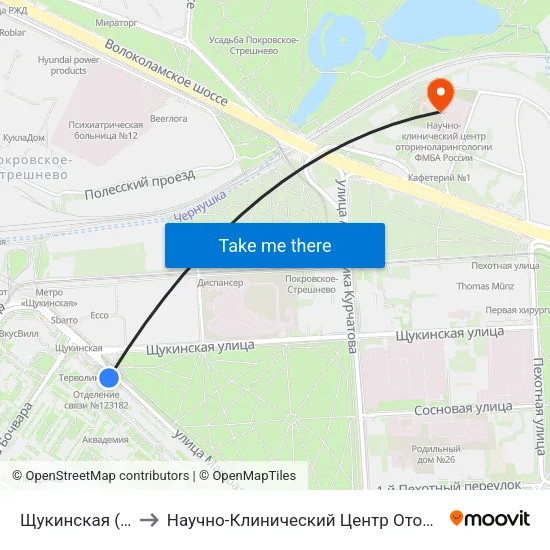 Щукинская (Schukinskaya) to Научно-Клинический Центр Оториноларингологии Фмба России map