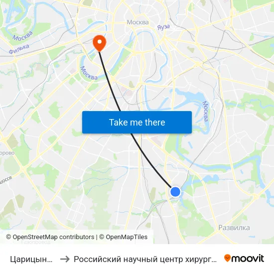 Царицыно (Tsaritsyno) to Российский научный центр хирургии им. академика Б. В. Петровского map