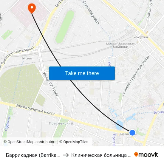 Баррикадная (Barrikadnaya) to Клиническая больница Медси map