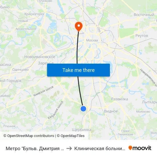 Метро "Бульв. Дмитрия Донского" to Клиническая больница Медси map