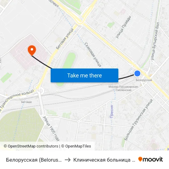 Белорусская (Belorusskaya) to Клиническая больница Медси map