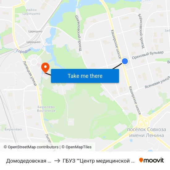 Домодедовская (Domodedovskaya) to ГБУЗ ""Центр медицинской исоциальной реабилитации"" map