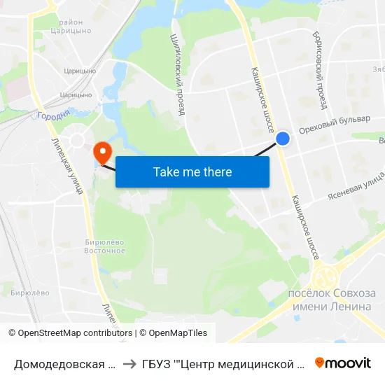 Домодедовская (Domodedovskaya) to ГБУЗ ""Центр медицинской исоциальной реабилитации"" map