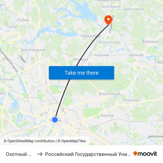 Охотный Ряд (Okhotny Ryad) to Российский Государственный Университет Туризма и Сервиса Колледж г. Пушкино map