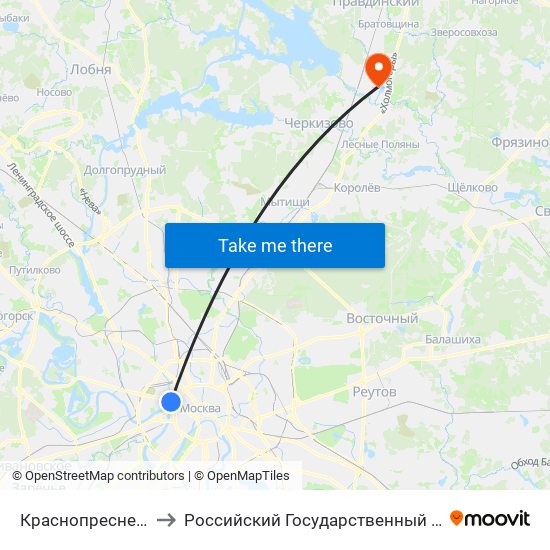 Краснопресненская (Krasnopresnenskaya) to Российский Государственный Университет Туризма и Сервиса Колледж г. Пушкино map