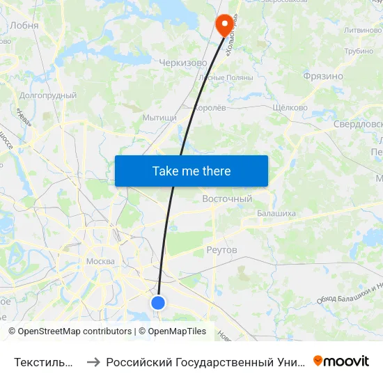 Текстильщики (Tekstilschiki) to Российский Государственный Университет Туризма и Сервиса Колледж г. Пушкино map