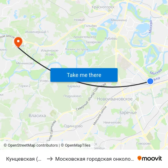 Кунцевская (Kuntsevskaya) to Московская городская онкологическая больница № 62 map