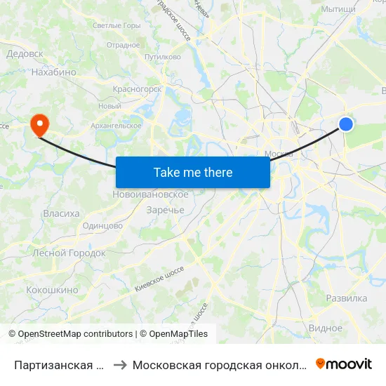 Партизанская (Partizanskaya) to Московская городская онкологическая больница № 62 map