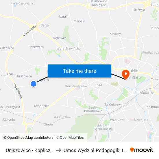 Uniszowice - Kapliczka NŻ 01 to Umcs Wydział Pedagogiki I Psychologii map