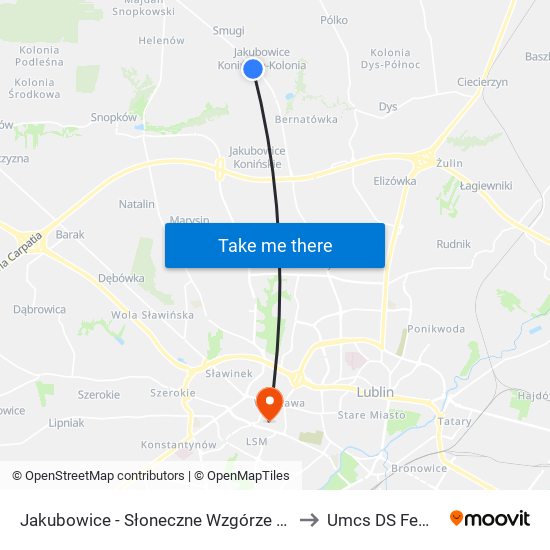 Jakubowice - Słoneczne Wzgórze NŻ 01 to Umcs DS Femina map