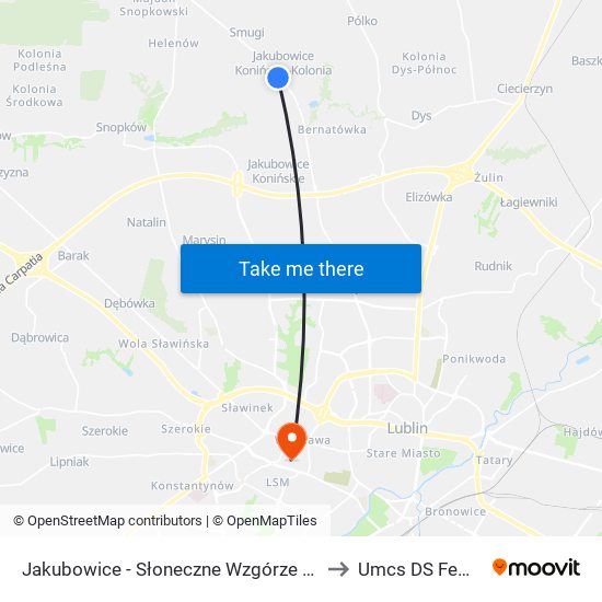 Jakubowice - Słoneczne Wzgórze NŻ 02 to Umcs DS Femina map