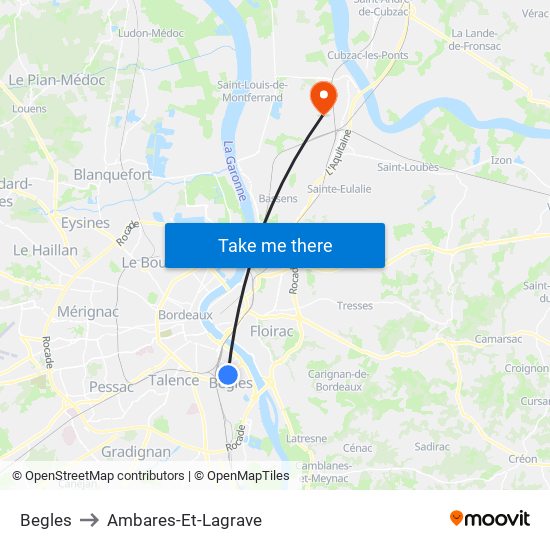 Begles to Ambares-Et-Lagrave map